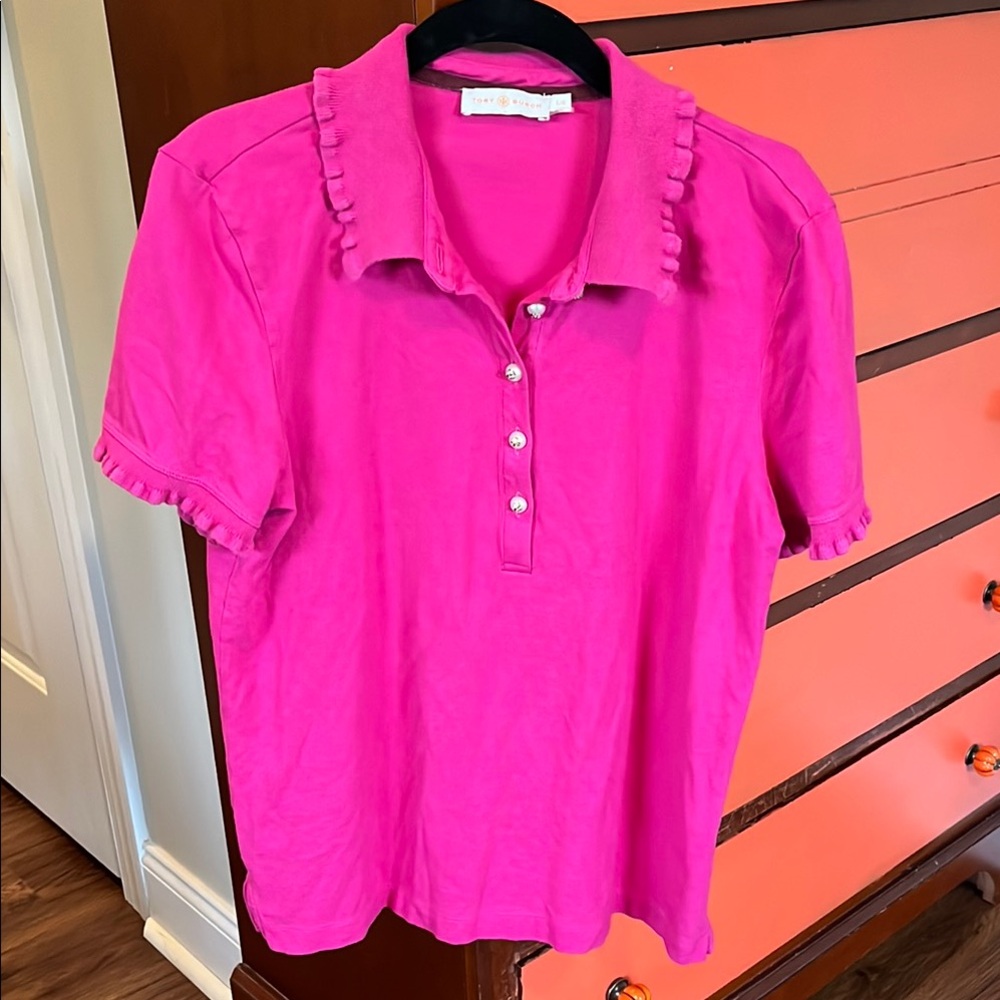 Tory Burch Pink Ruffled Polo Shirt with Pearlescent Buttons